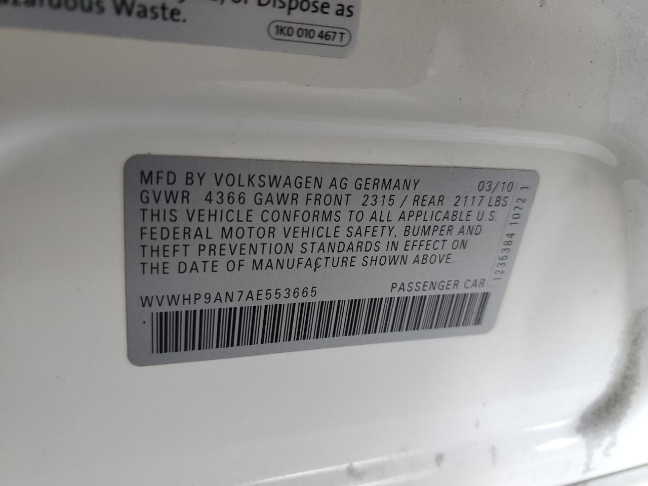 2010 Volkswagen Cc Luxury VIN: WVWHP9AN7AE553665 Lot: 61105085