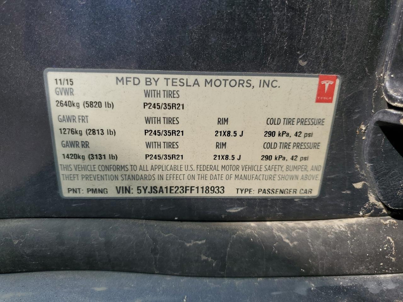 2015 Tesla Model S VIN: 5YJSA1E23FF118933 Lot: 62489355