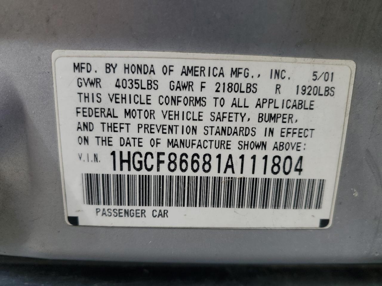2001 Honda Accord Value VIN: 1HGCF86681A111804 Lot: 60753425