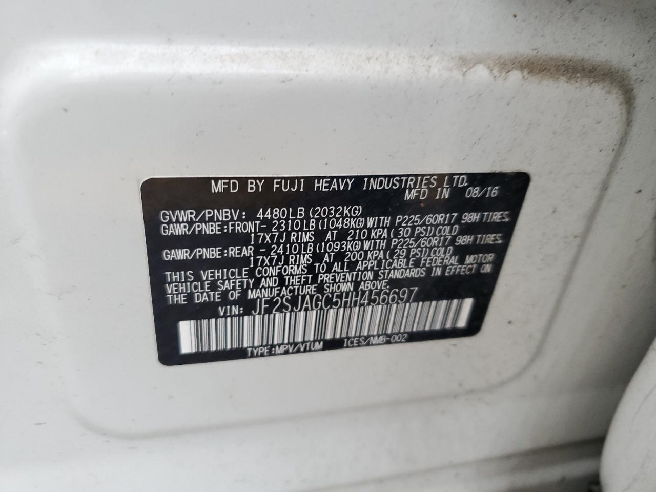 2017 Subaru Forester 2.5I Premium VIN: JF2SJAGC5HH456697 Lot: 62535585