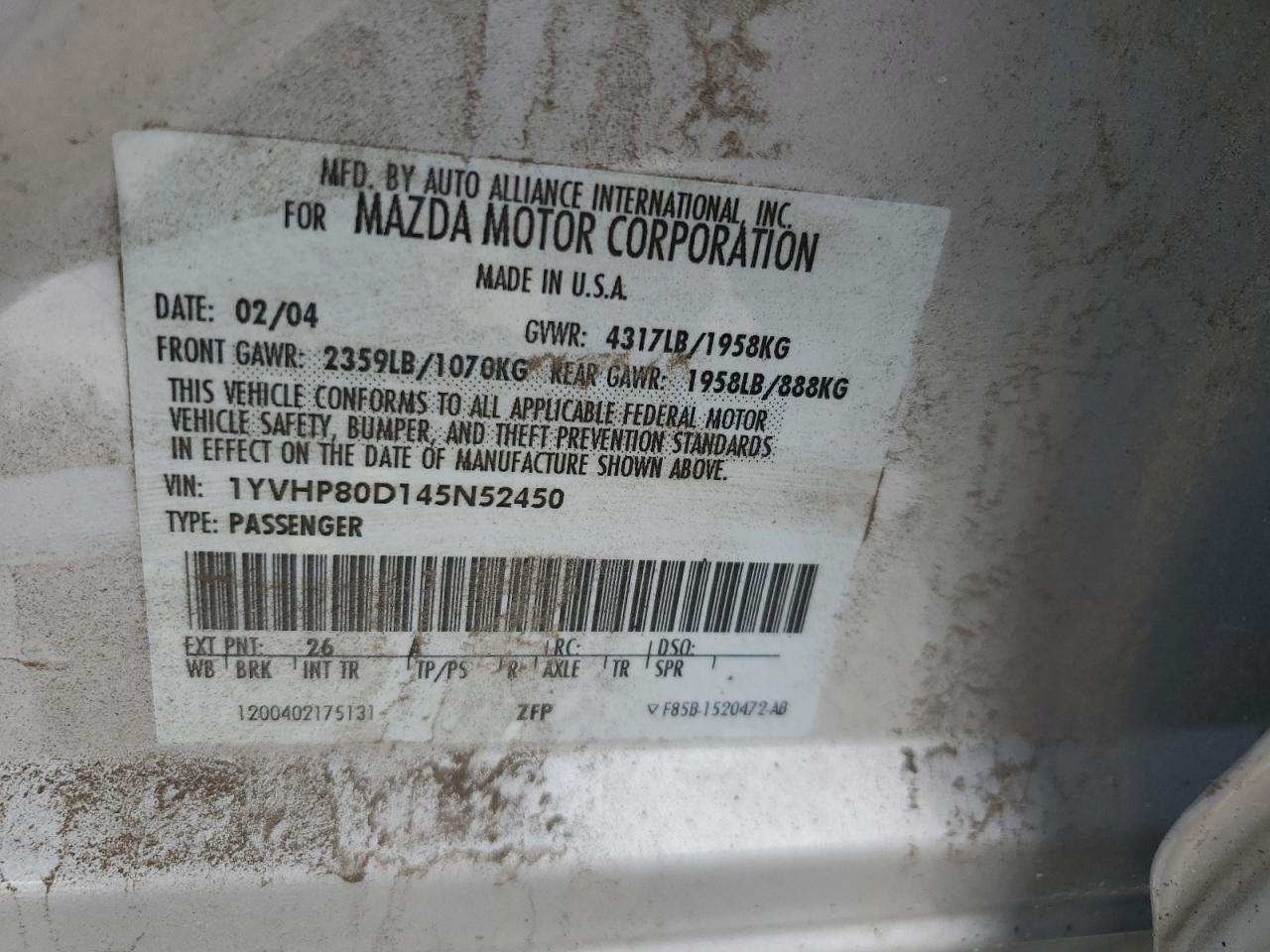 2004 Mazda 6 S VIN: 1YVHP80D145N52450 Lot: 59902205