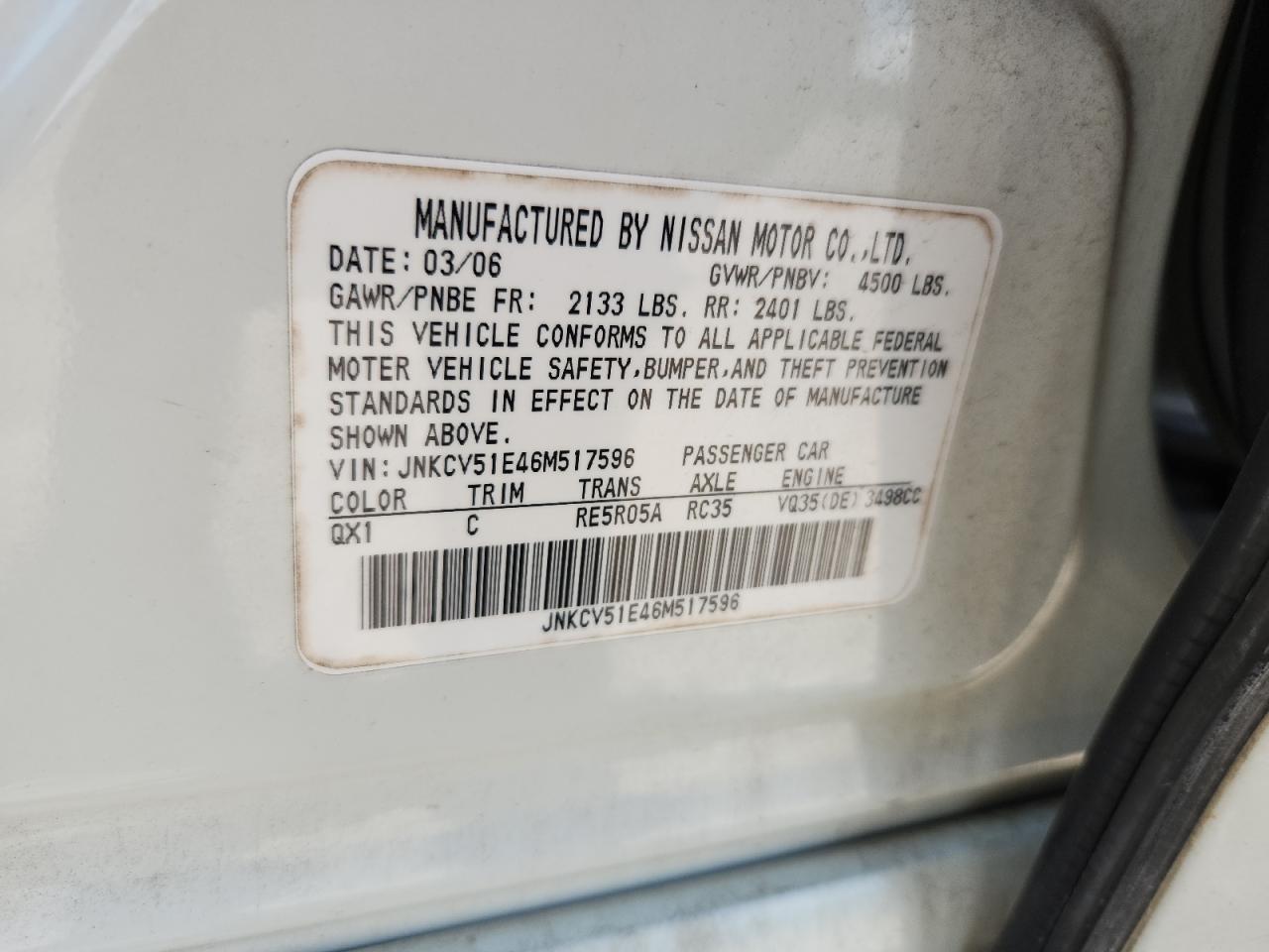 INFINITI G35 2006 VIN JNKCV51E46M517596 фото 12