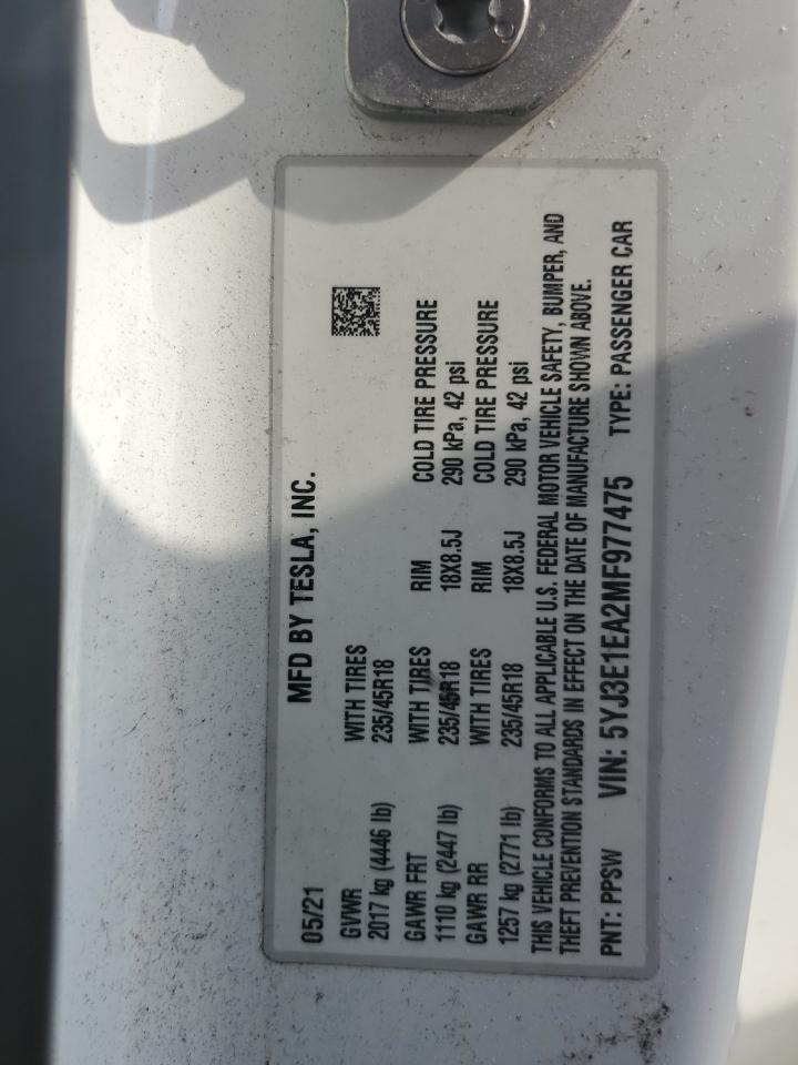 2021 Tesla Model 3 VIN: 5YJ3E1EA2MF977475 Lot: 59819255