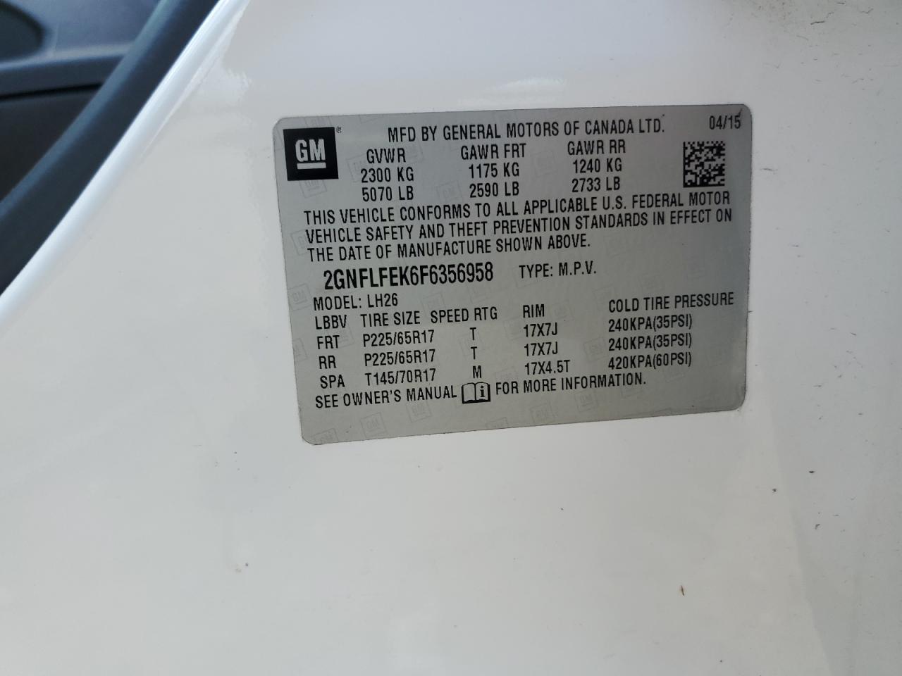 CHEVROLET EQUINOX 2015 VIN 2GNFLFEK6F6356958 zdjęcie 13