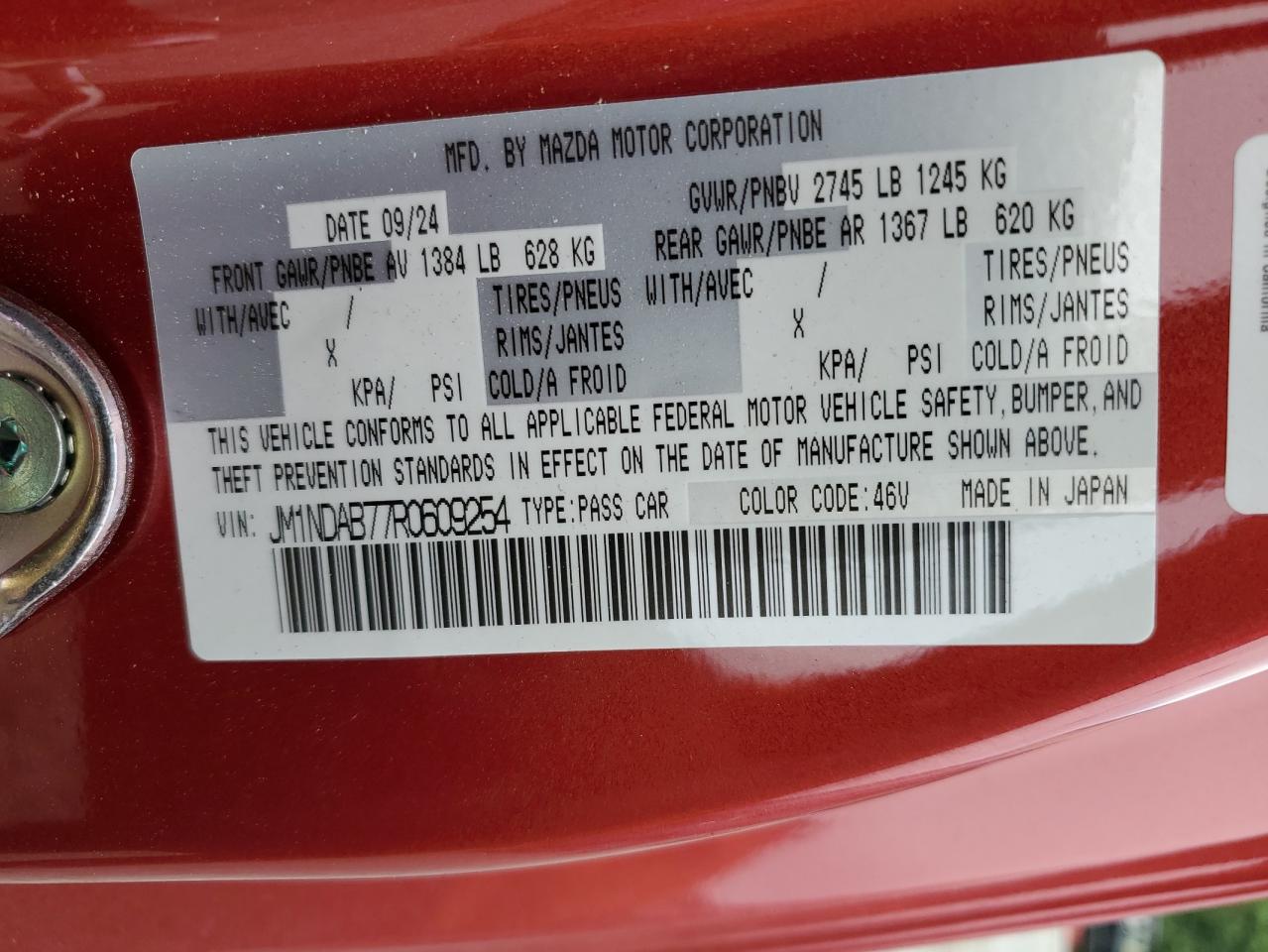 2024 Mazda Mx-5 Miata Sport VIN: JM1NDAB77R0609254 Lot: 59758235