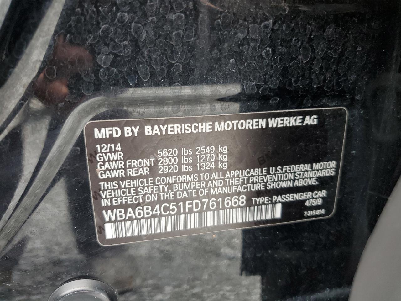 2015 BMW 650 Xi Gran Coupe VIN: WBA6B4C51FD761668 Lot: 61762465