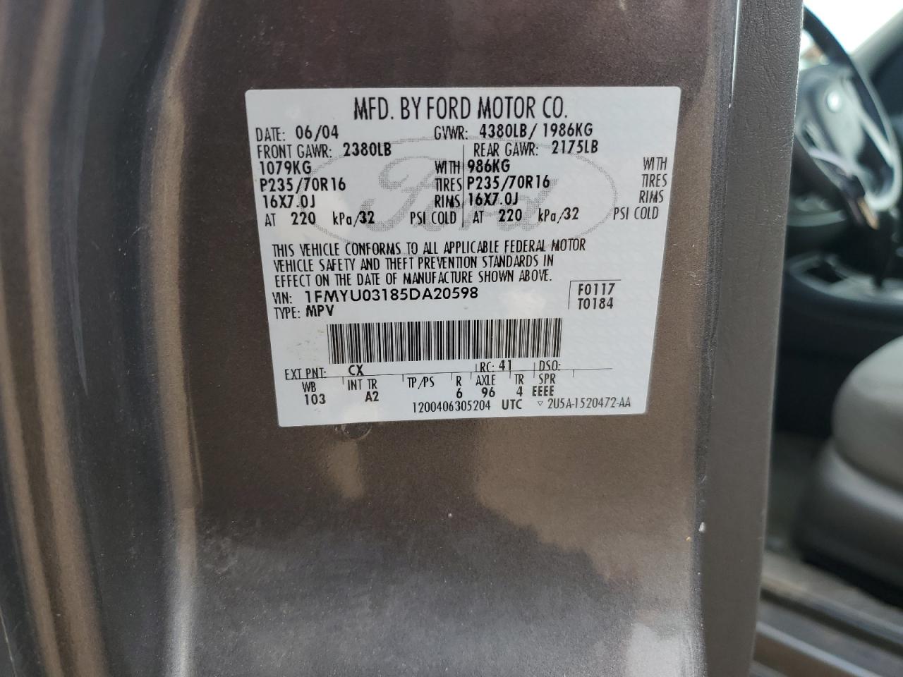 2005 Ford Escape Xlt VIN: 1FMYU03185DA20598 Lot: 59207935