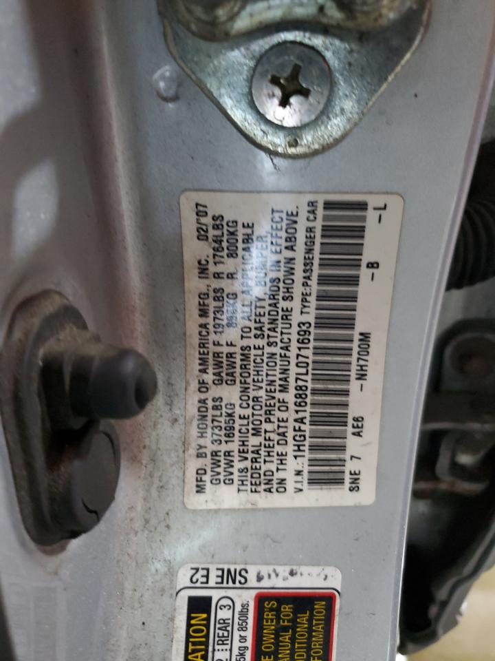 2007 Honda Civic Ex VIN: 1HGFA16887L071693 Lot: 63002175