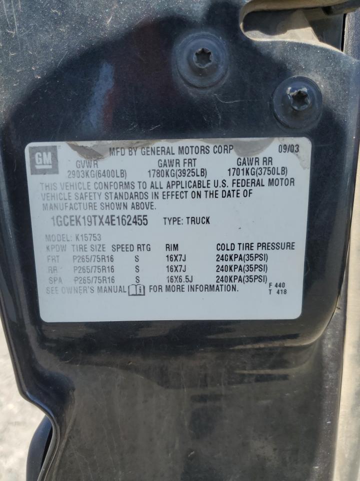 2004 Chevrolet Silverado K1500 VIN: 1GCEK19TX4E162455 Lot: 62772885