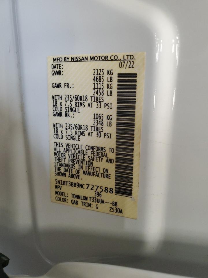2022 Nissan Rogue Sv VIN: 5N1BT3BB9NC727588 Lot: 62721195