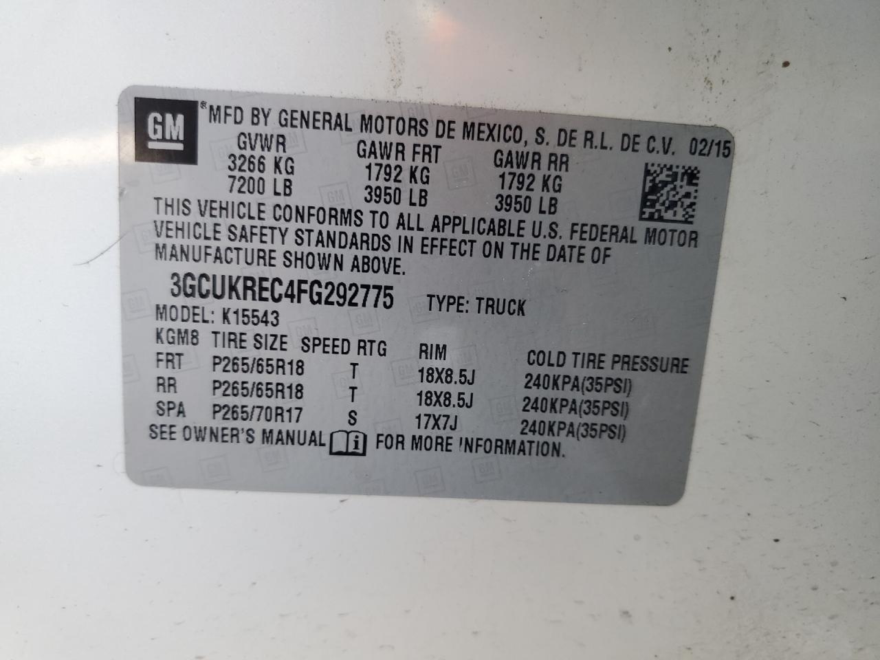 2015 Chevrolet Silverado K1500 Lt VIN: 3GCUKREC4FG292775 Lot: 61677795