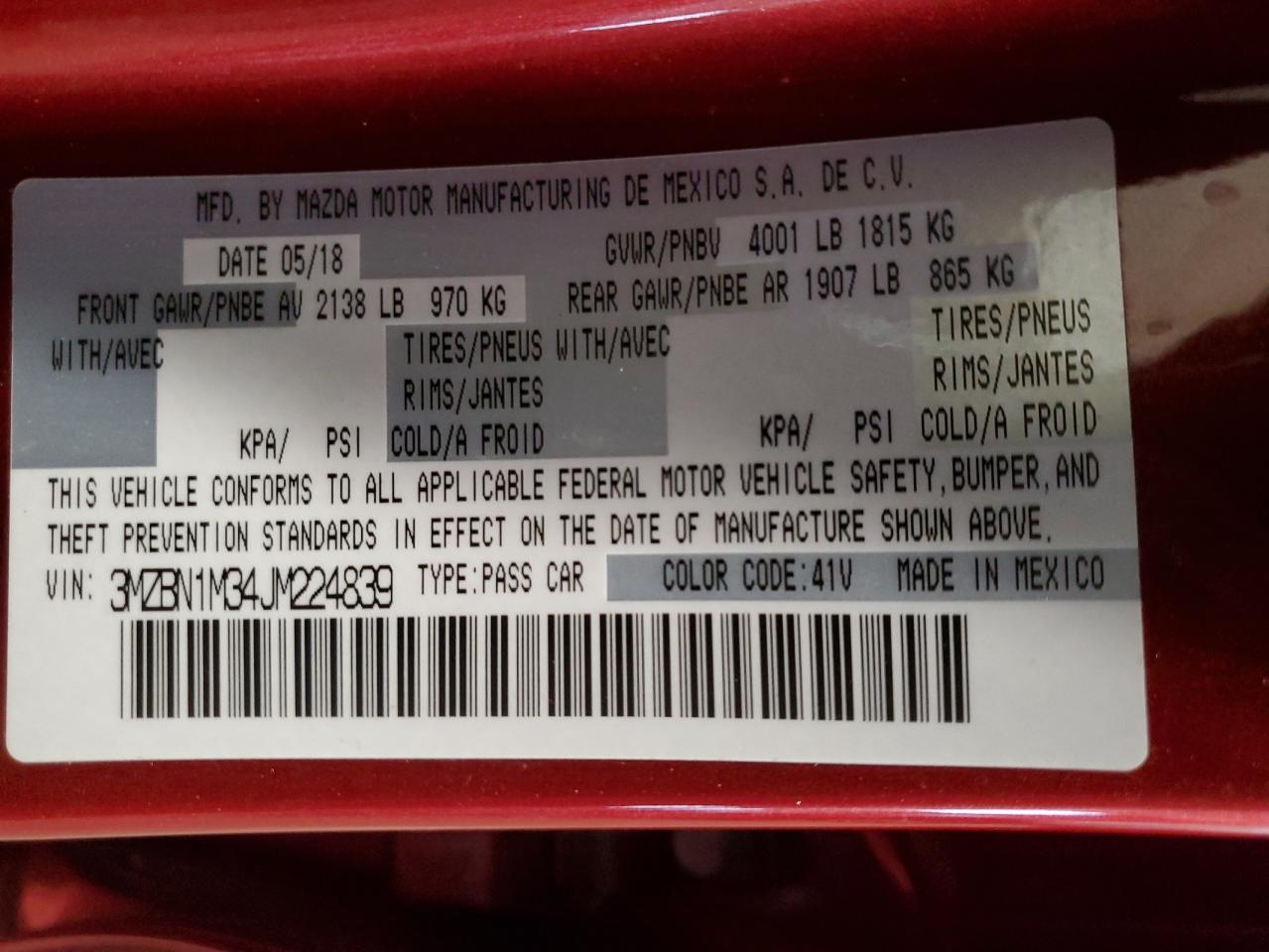 MAZDA 3 2018 VIN 3MZBN1M34JM224839 фото 13