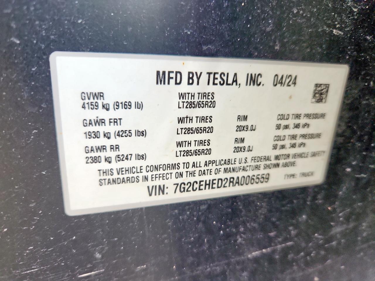 2024 Tesla Cybertruck VIN: 7G2CEHED2RA006559 Lot: 60214015