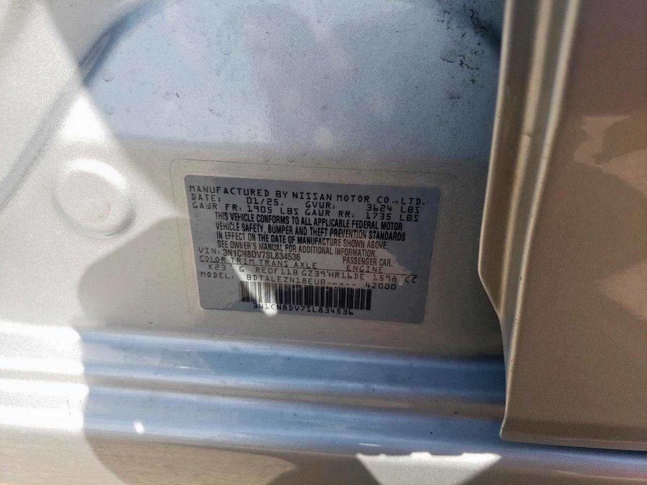 2025 Nissan Versa S VIN: 3N1CN8DV7SL834536 Lot: 61825875