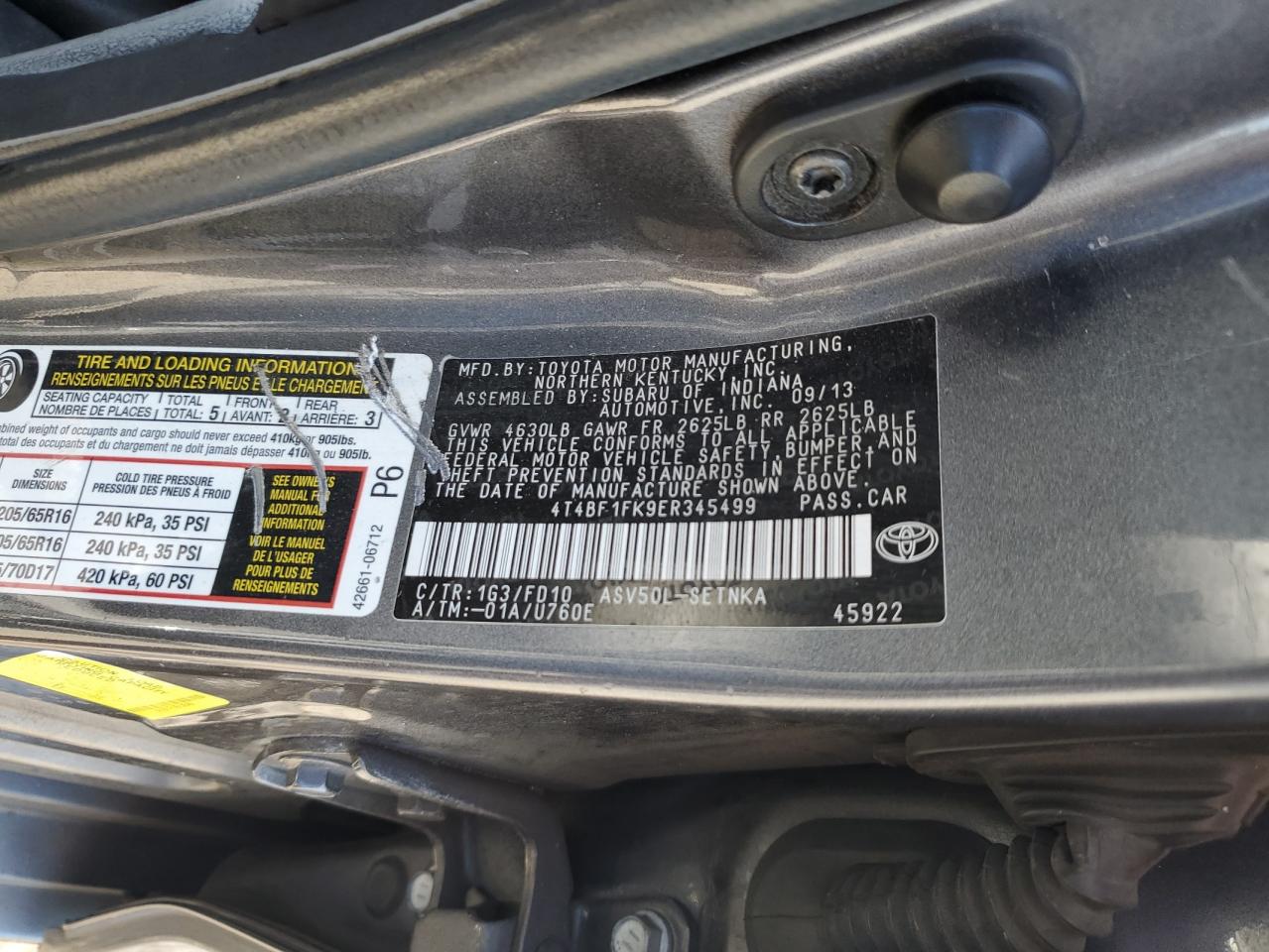 2014 Toyota Camry L VIN: 4T4BF1FK9ER345499 Lot: 62547775