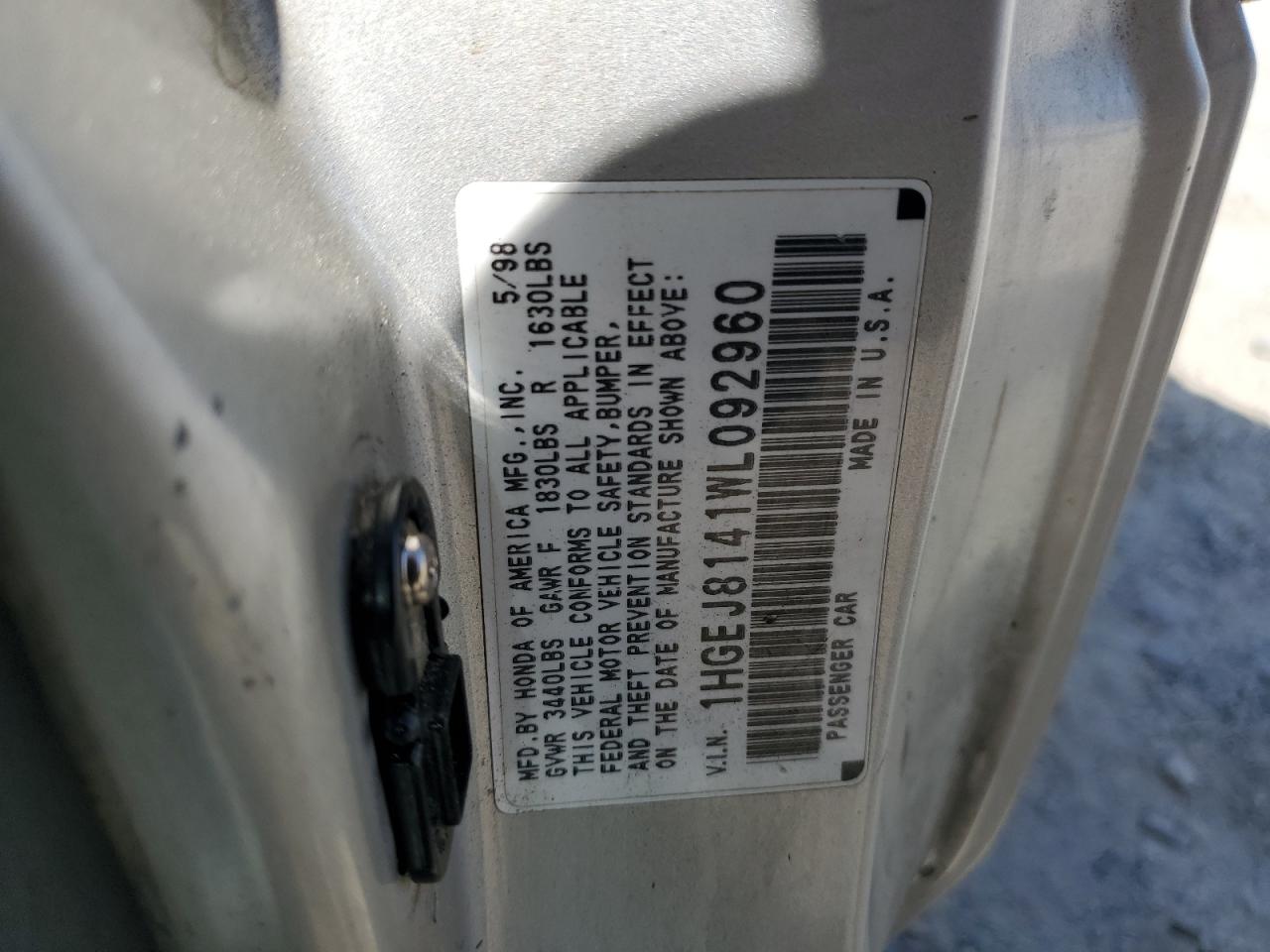 1998 Honda Civic Ex VIN: 1HGEJ8141WL092960 Lot: 61023305