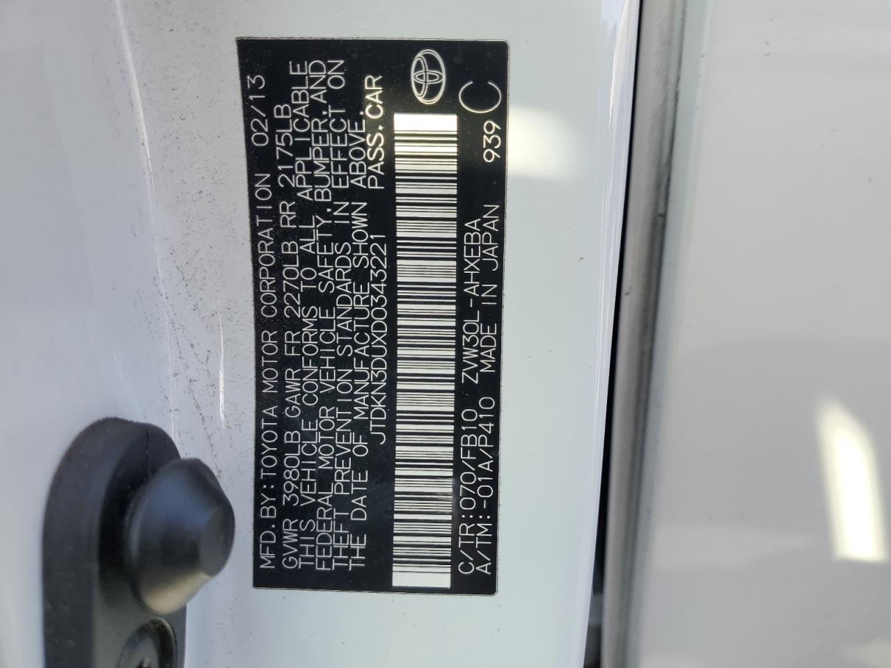2013 Toyota Prius VIN: JTDKN3DUXD0343221 Lot: 62341745
