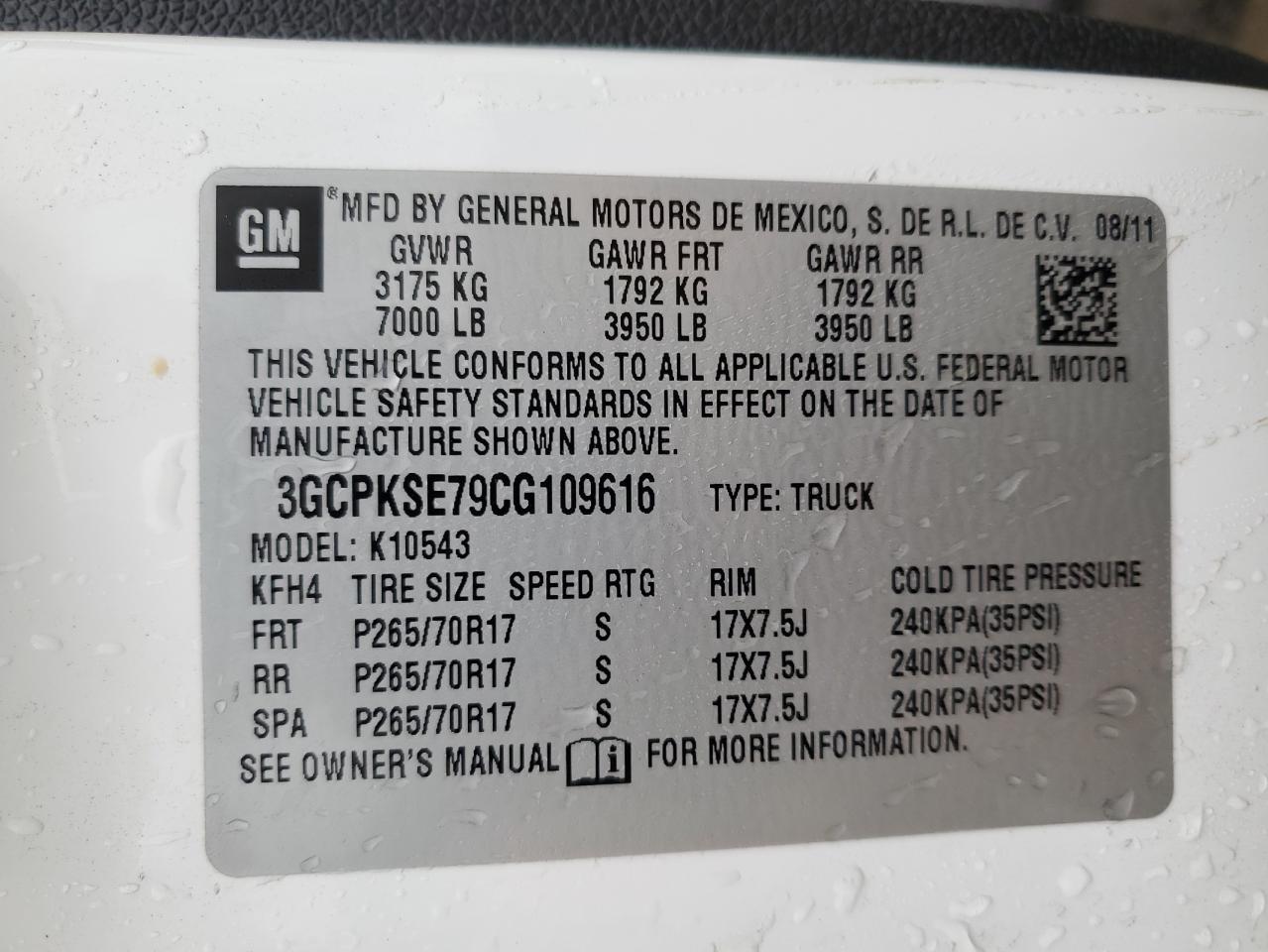 2012 Chevrolet Silverado K1500 Lt VIN: 3GCPKSE79CG109616 Lot: 62700305