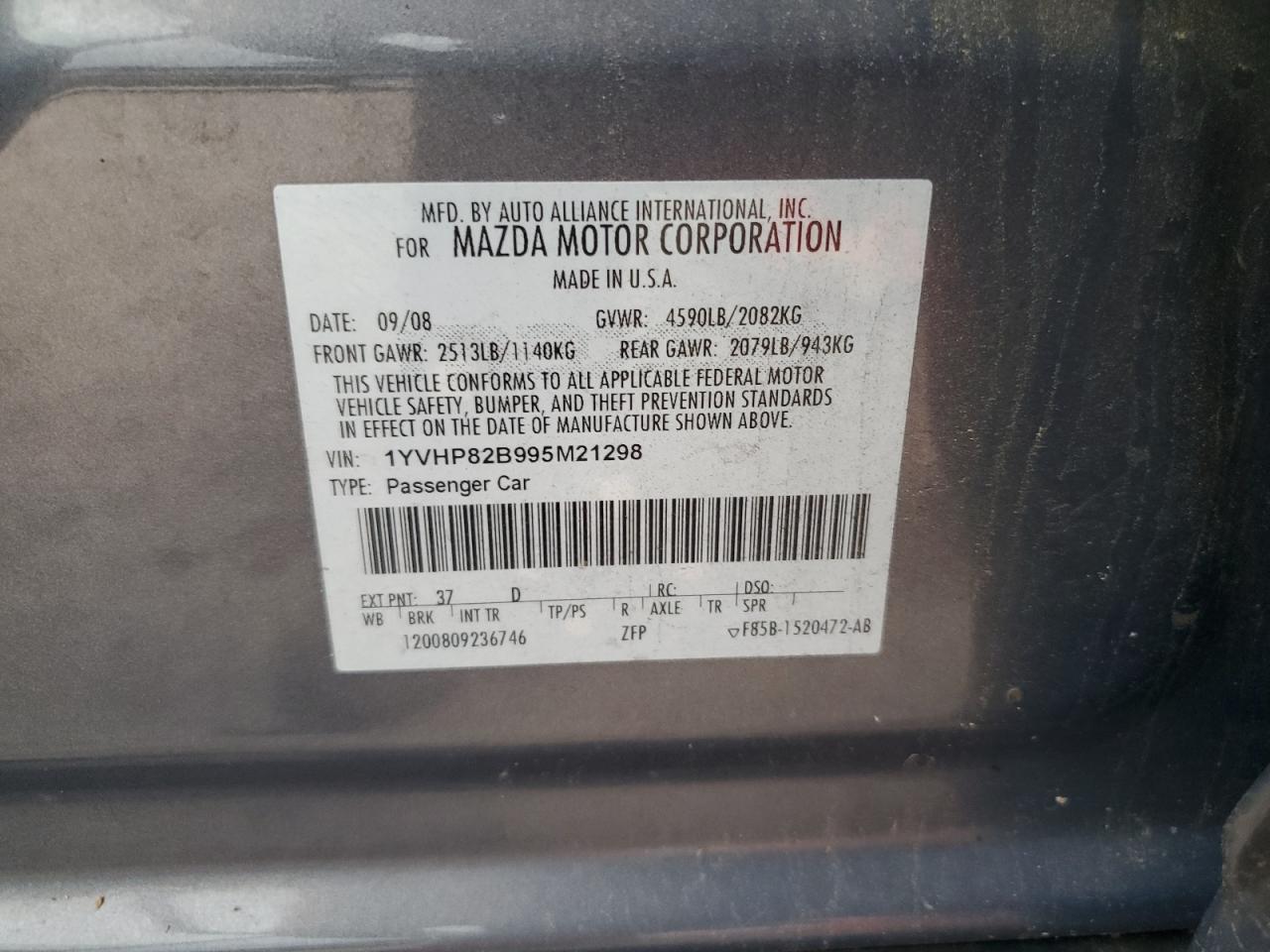 2009 Mazda 6 S VIN: 1YVHP82B995M21298 Lot: 62150845