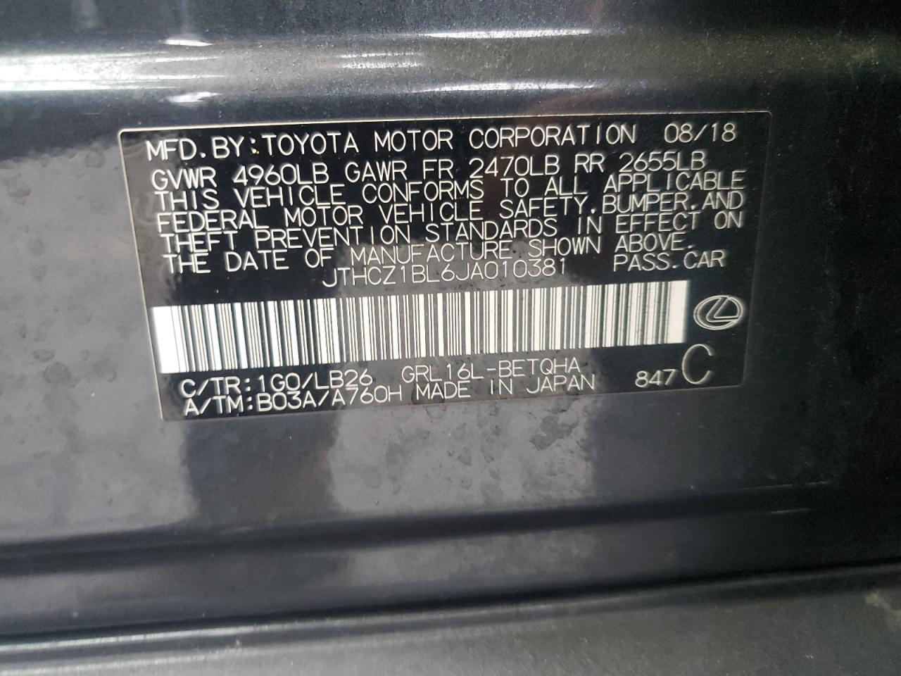 2018 Lexus Gs 350 Base VIN: JTHCZ1BL6JA010381 Lot: 61398045