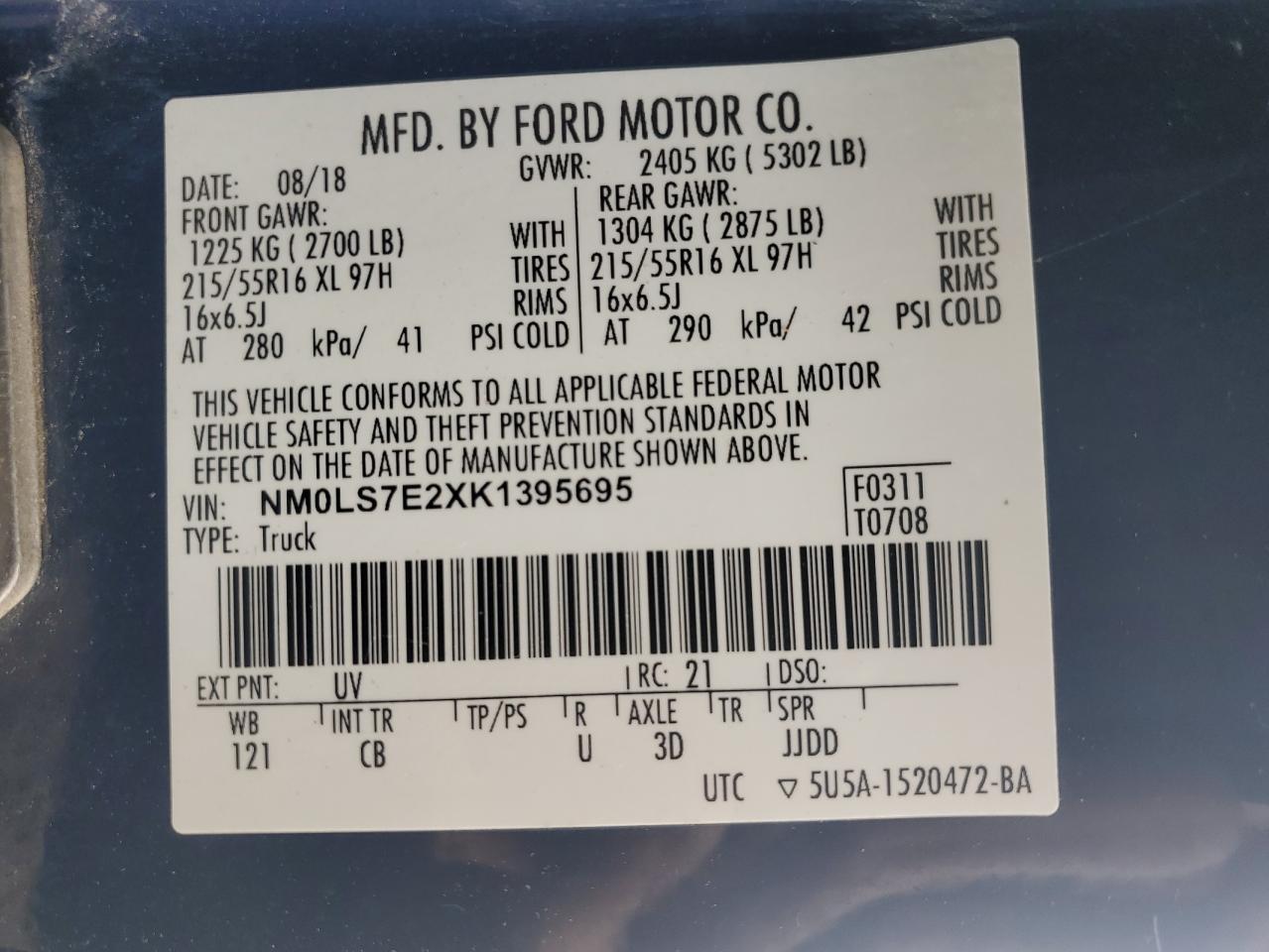 2019 Ford Transit Connect Xl VIN: NM0LS7E2XK1395695 Lot: 60645015