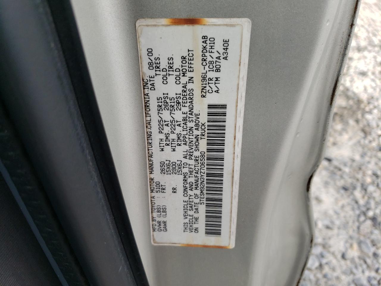 2000 Toyota Tacoma Xtracab Prerunner VIN: 5TESM92N3YZ706580 Lot: 62813105