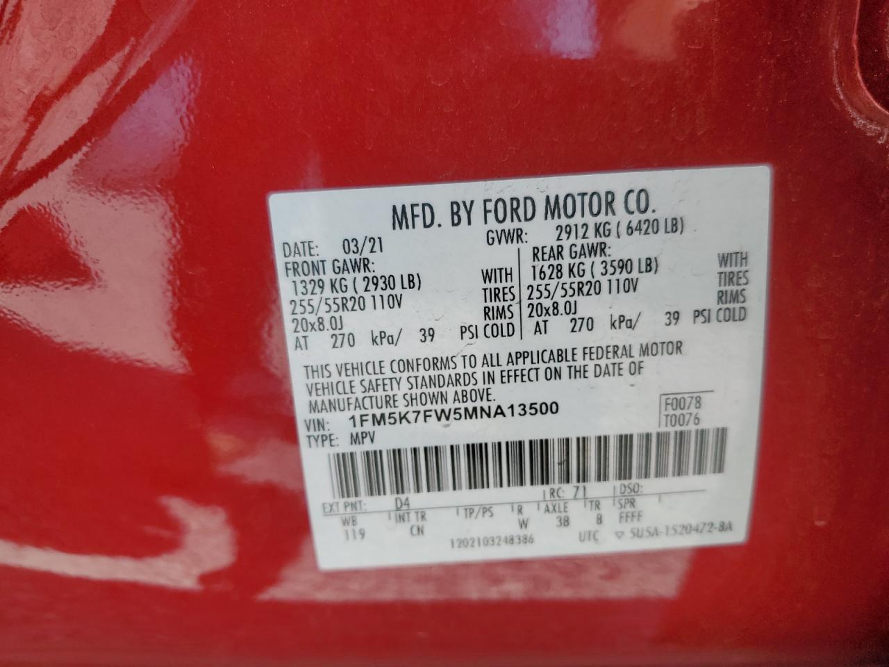 2021 Ford Explorer Limited VIN: 1FM5K7FW5MNA13500 Lot: 61827705