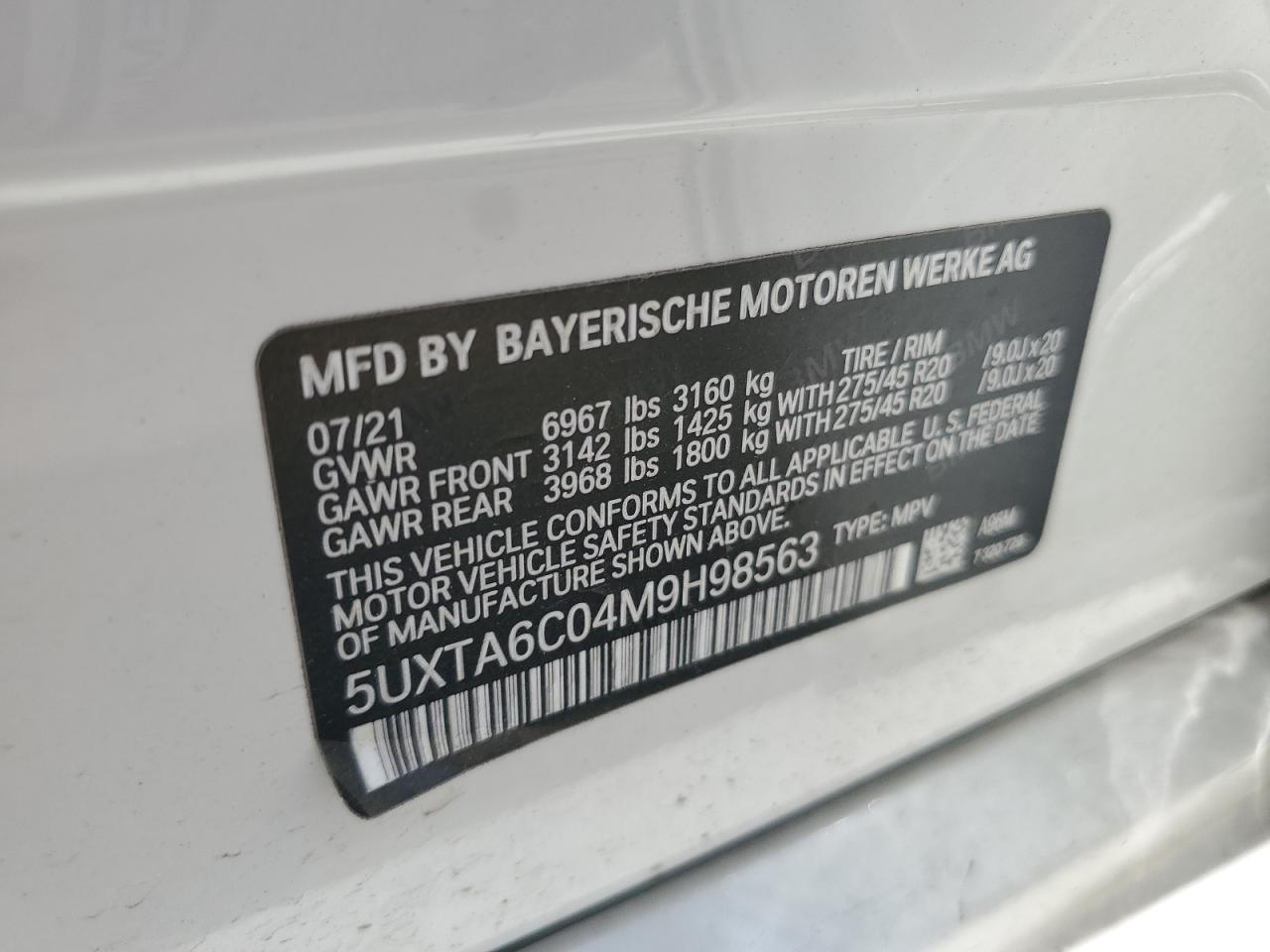 2021 BMW X5 xDrive45E VIN: 5UXTA6C04M9H98563 Lot: 61650965