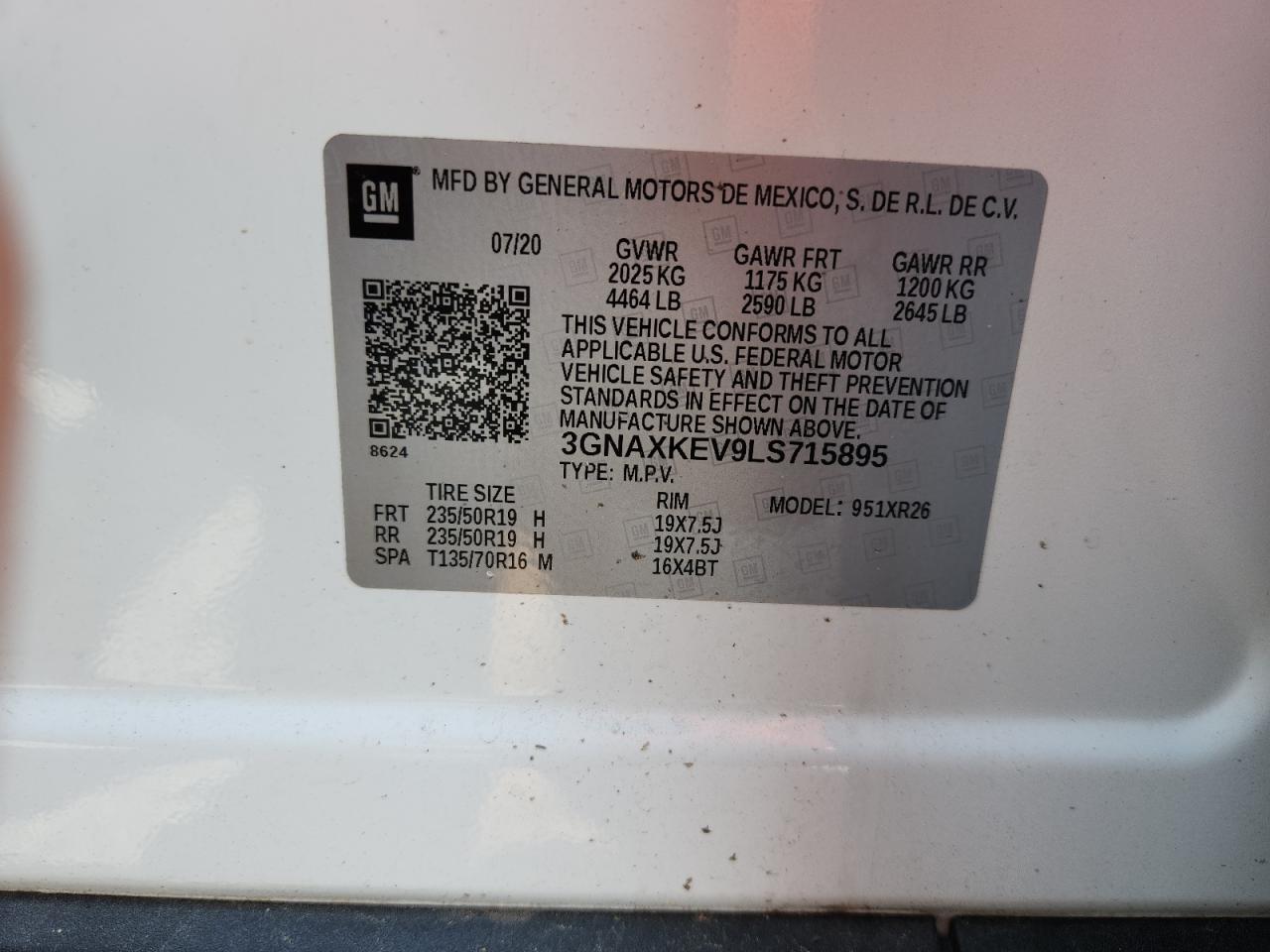 2020 Chevrolet Equinox Lt VIN: 3GNAXKEV9LS715895 Lot: 59314235
