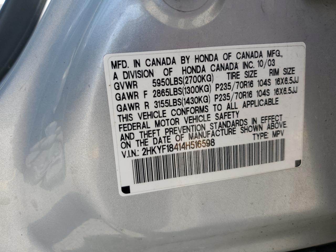 2004 Honda Pilot Ex VIN: 2HKYF18414H516598 Lot: 62505065