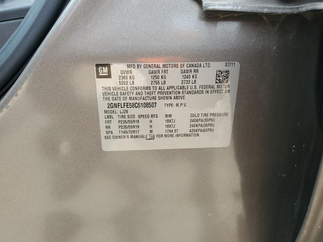 CHEVROLET EQUINOX 2012 VIN 2GNFLFE58C6108507 фото 13