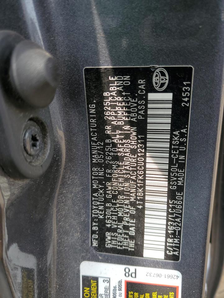 2012 Toyota Camry Se VIN: 4T1BK1FK6CU012311 Lot: 60720555