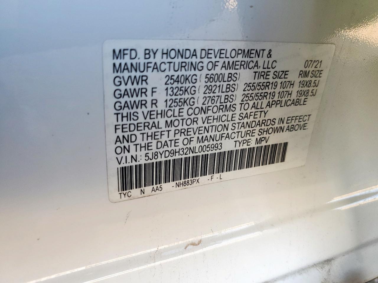2022 Acura Mdx VIN: 5J8YD9H32NL005993 Lot: 61627865