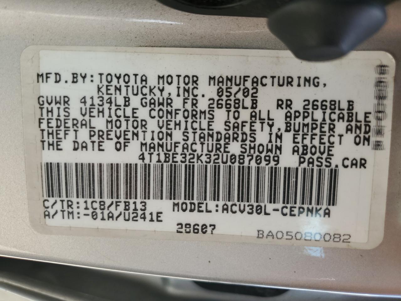 2002 Toyota Camry Le VIN: 4T1BE32K32U087099 Lot: 62587675