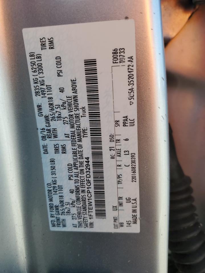 2016 Ford F150 Supercrew VIN: 1FTEW1CP1GFD32944 Lot: 62093065