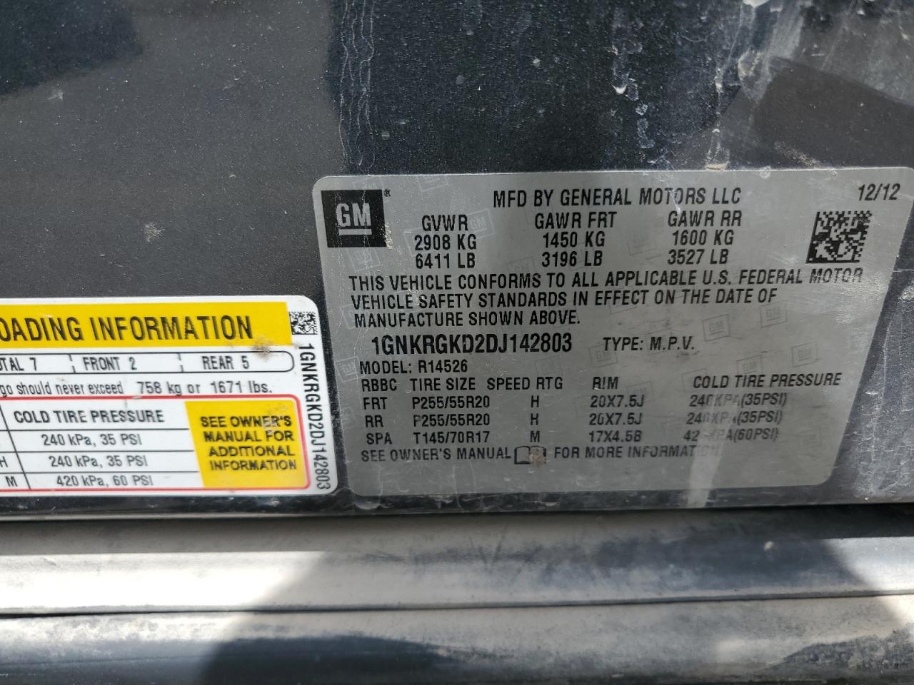 2013 Chevrolet Traverse Lt VIN: 1GNKRGKD2DJ142803 Lot: 62070615