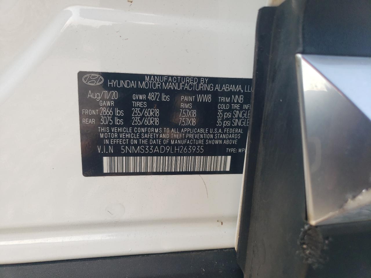 2020 Hyundai Santa Fe Sel VIN: 5NMS33AD9LH263935 Lot: 59164255