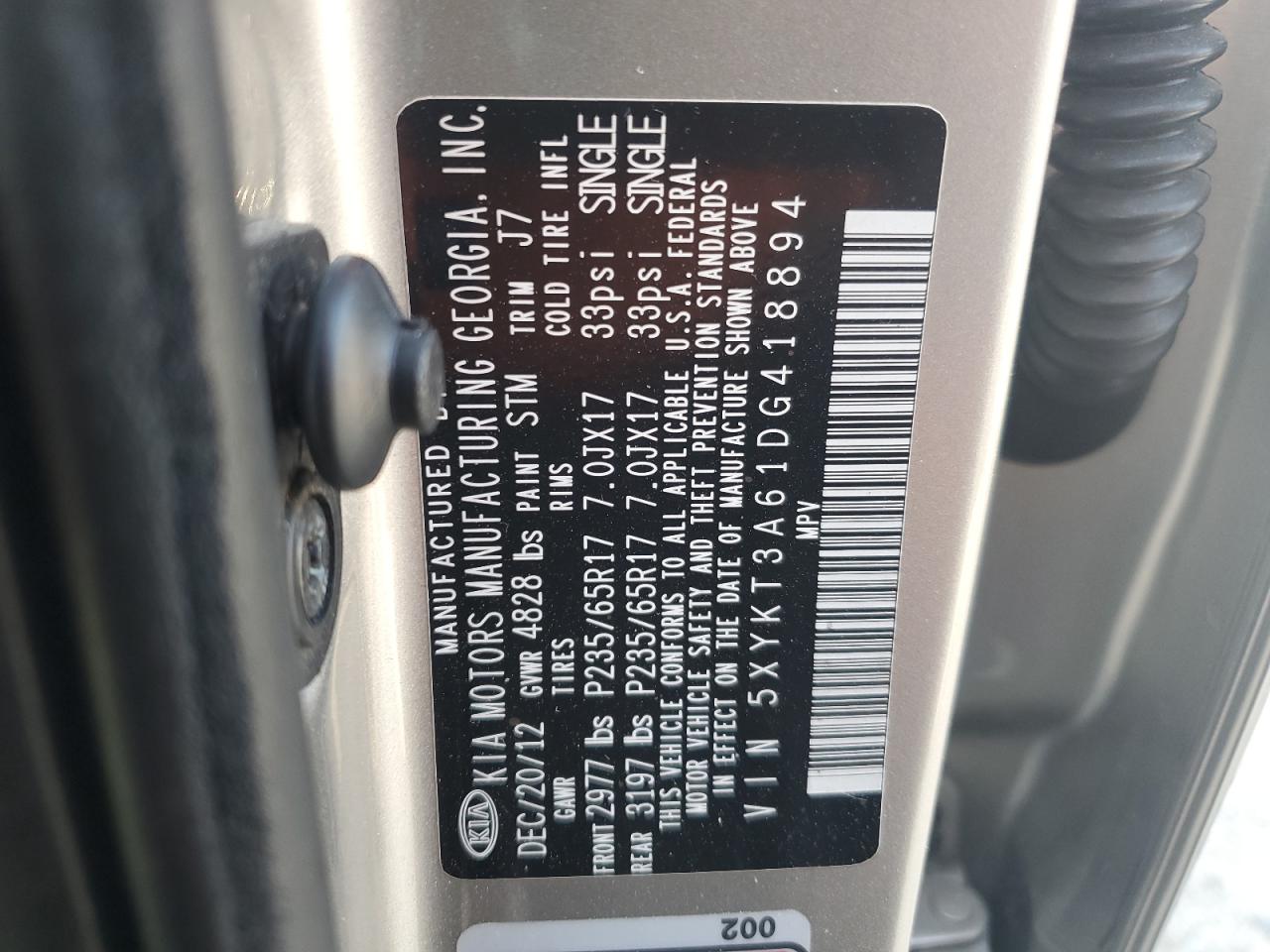 2013 Kia Sorento Lx VIN: 5XYKT3A61DG418894 Lot: 58798045