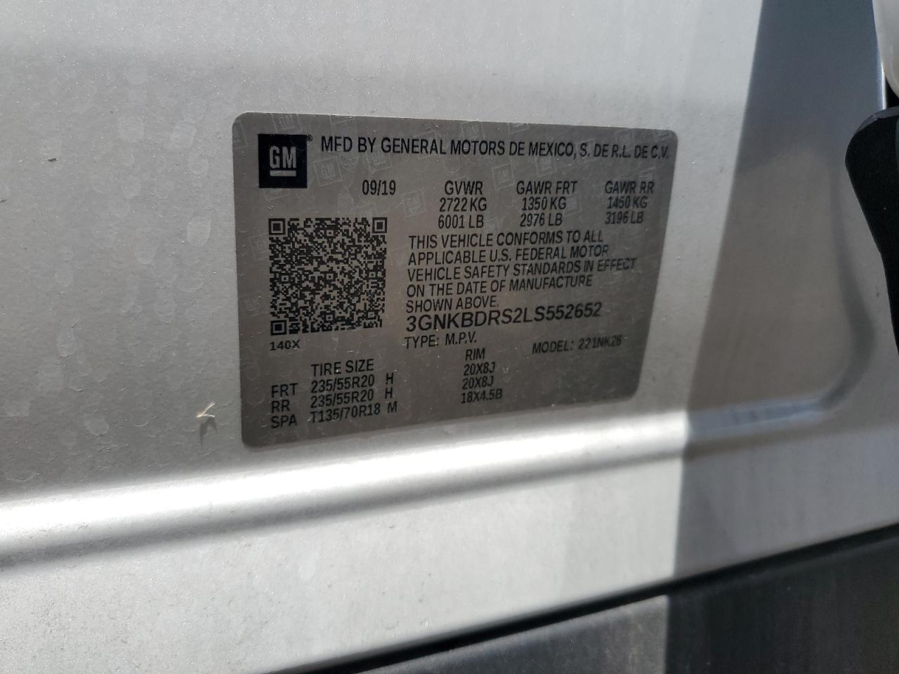 2020 Chevrolet Blazer 3Lt VIN: 3GNKBDRS2LS552652 Lot: 85888275