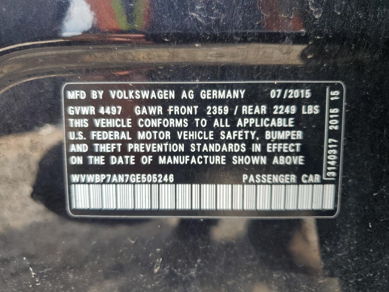 2016 Volkswagen Cc Base VIN: WVWBP7AN7GE505246 Lot: 62024765