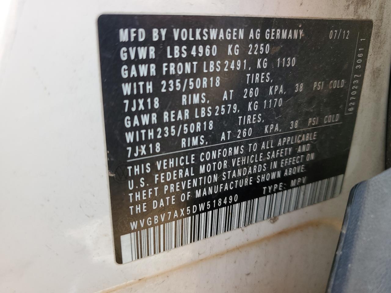 2013 Volkswagen Tiguan S VIN: WVGBV7AX5DW518490 Lot: 61339915