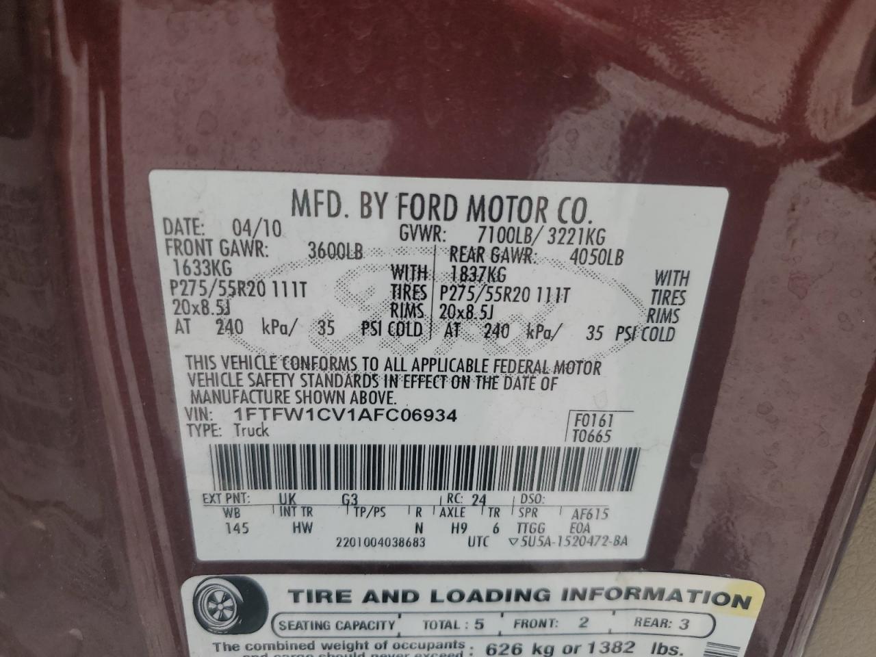 2010 Ford F150 Supercrew VIN: 1FTFW1CV1AFC06934 Lot: 62653395
