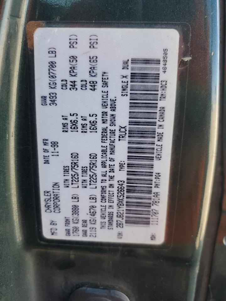 1999 Dodge Ram Van B2500 VIN: 2B7JB21Y8XK526643 Lot: 58449425