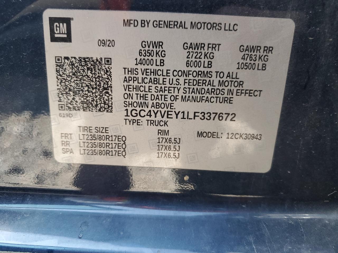 CHEVROLET ALL Models 2020 VIN 1GC4YVEY1LF337672 zdjęcie 12