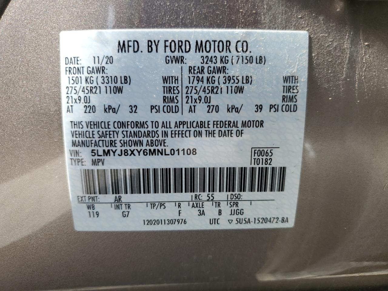 2021 Lincoln Aviator Grand Touring VIN: 5LMYJ8XY6MNL01108 Lot: 63225555