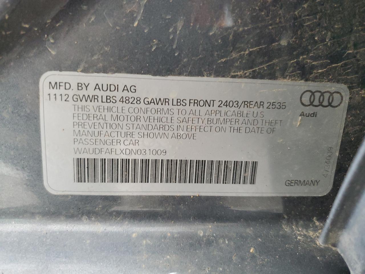 2013 Audi A4 Premium VIN: WAUDFAFLXDN031009 Lot: 62580195