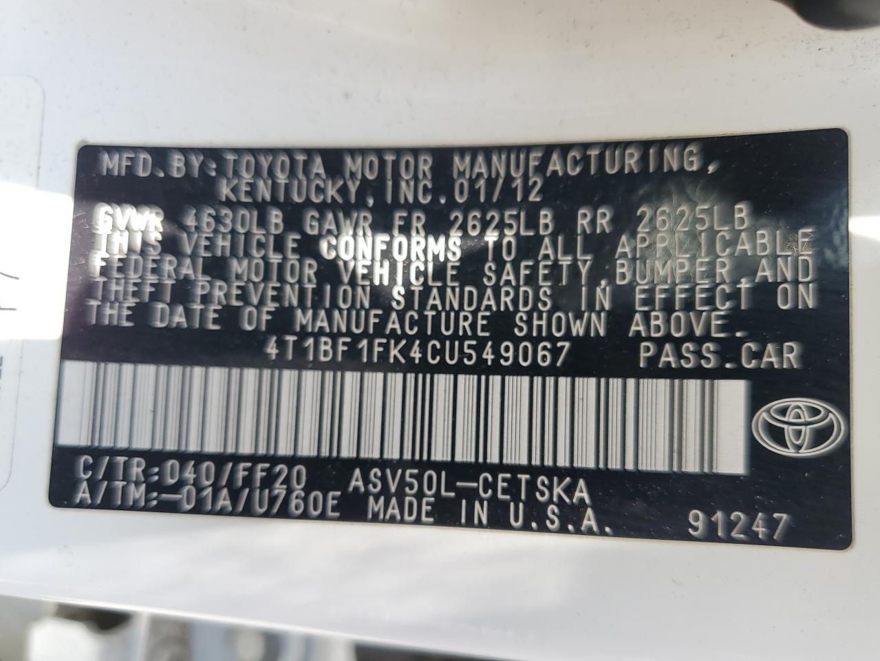 2012 Toyota Camry Base VIN: 4T1BF1FK4CU549067 Lot: 61829795