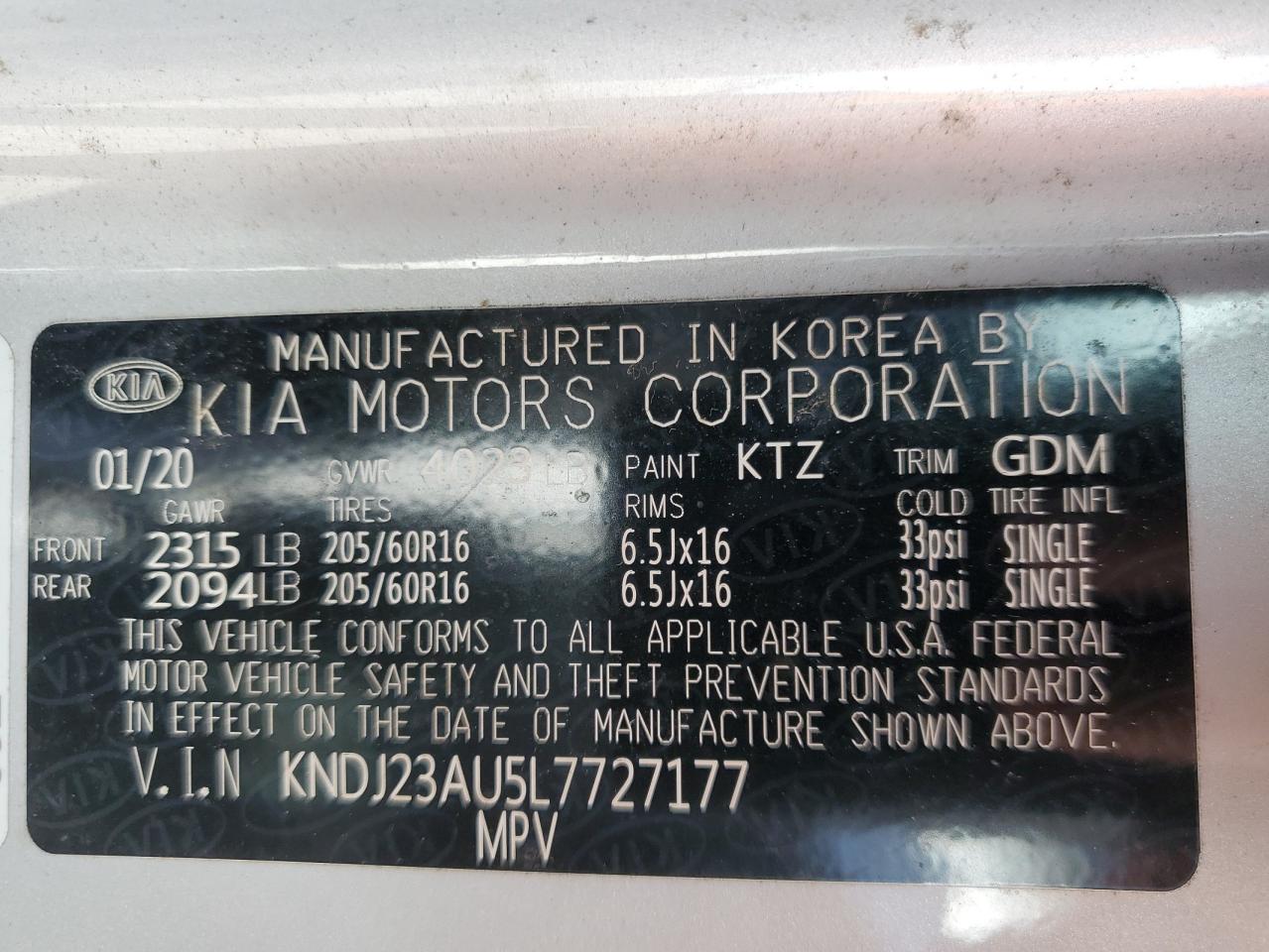 2020 Kia Soul Lx VIN: KNDJ23AU5L7727177 Lot: 56315335