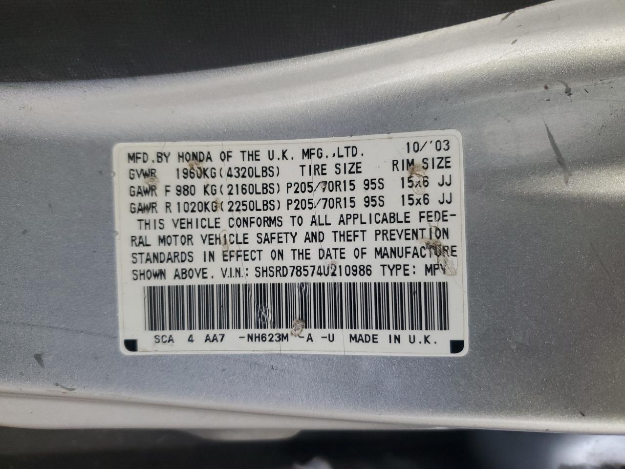 2004 Honda Cr-V Lx VIN: SHSRD78574U210986 Lot: 62650095