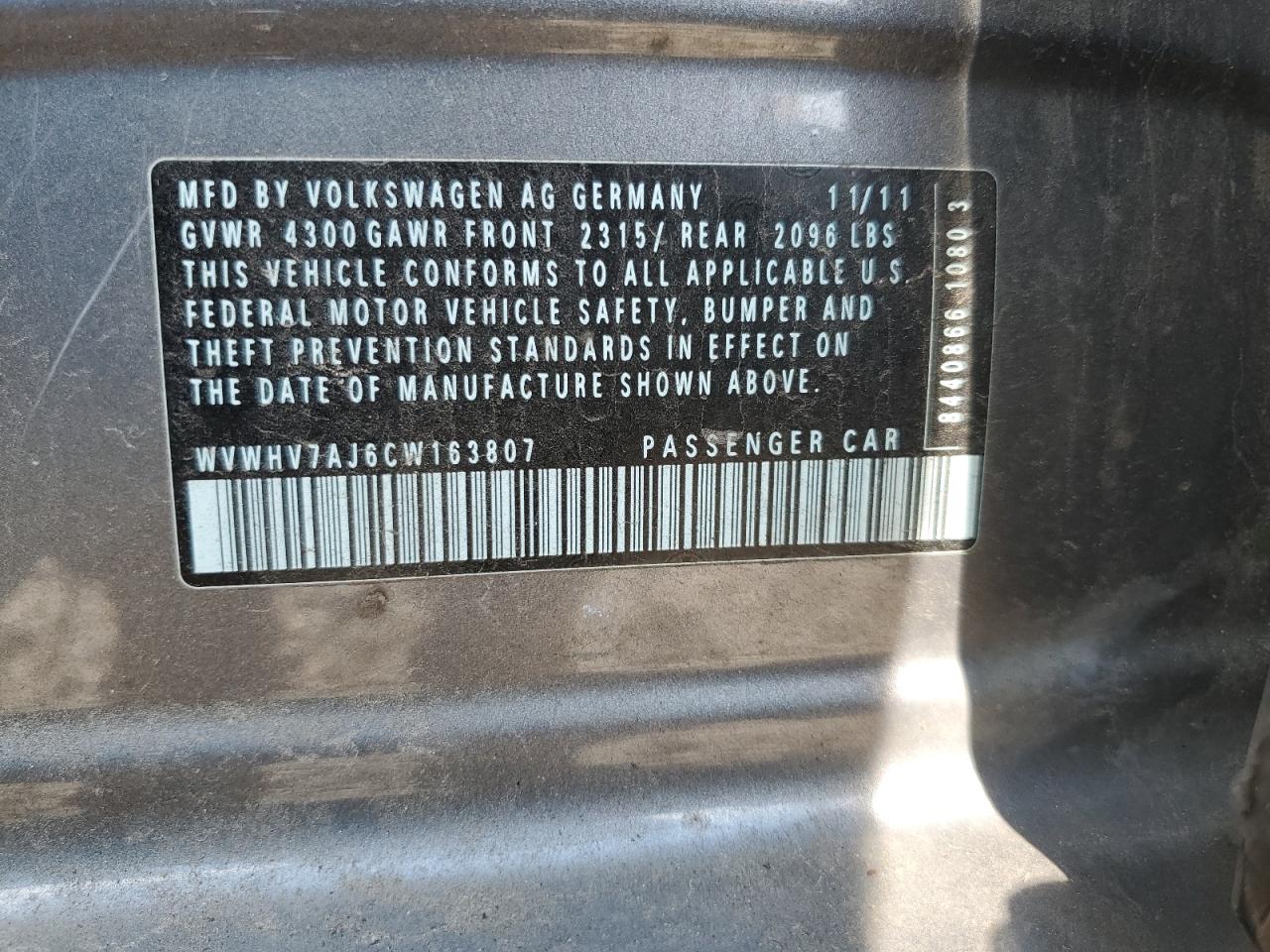 2012 Volkswagen Gti VIN: WVWHV7AJ6CW163807 Lot: 60976145